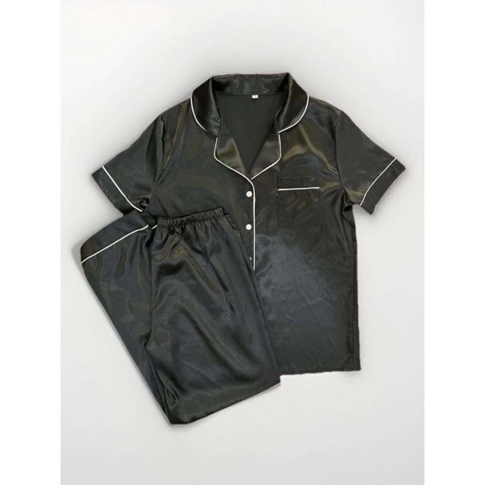 Satin Short Sleeved Two Piece Pajama Set Long Bottoms Black White Size Small